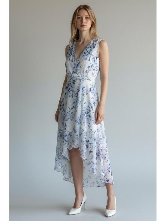 Calvin Klein Dresses & Skirts - Calvin Klein White and Blue Floral Sleeveless V-Neck Hi-Low Dress Size 4